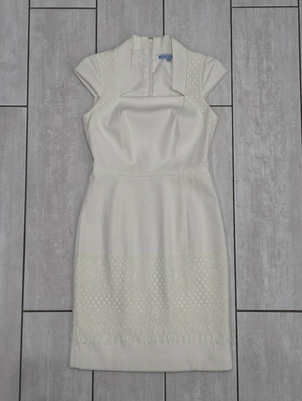 ANTONIO MELANI White Textured Sheath Midi Dress With Ivory Lace & Cap Sleeves